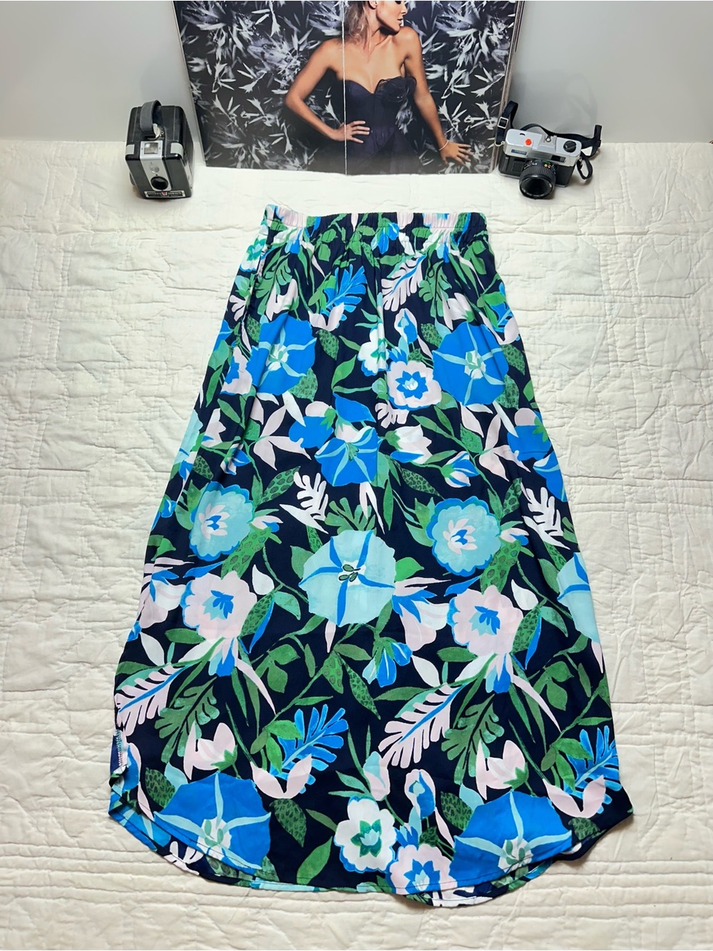 LOFT Floral Maxi Skirt | Blue Tropical Botanical A-Line Boho Resort Vacation